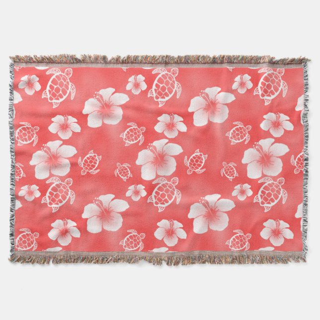 Red Hibiscus Honu Hawaiian Pattern Throw Blanket (Front)