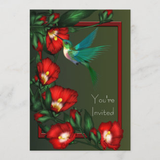 Red Hibiscus Hummingbird Party Invitation