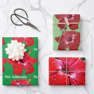 Red Hibiscus Mele Kalikimaka Wrapping Paper Sheet