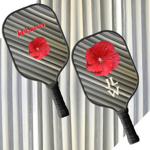 Red Hibiscus Modern Smokey Grey Stripes Pickleball Paddle