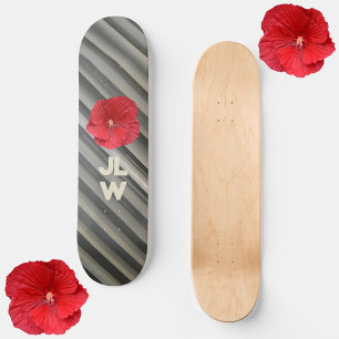 Red Hibiscus Modern Smokey Grey Stripes Skateboard