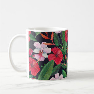 Red hibiscus, orchids, tropical watercolor. coffee mug