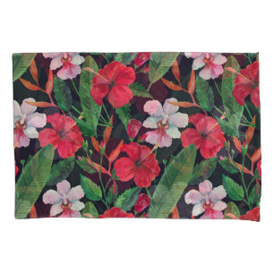 Red hibiscus, orchids, tropical watercolor. pillowcase