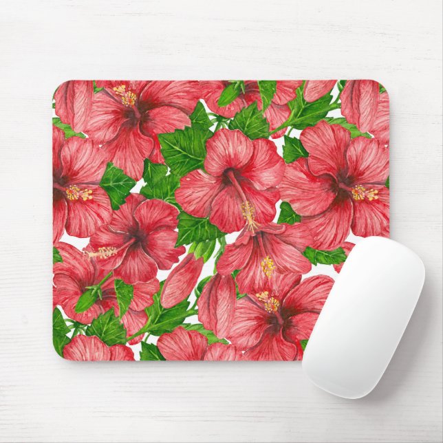 Red hibiscus pattern II Mouse Pad (With Mouse)