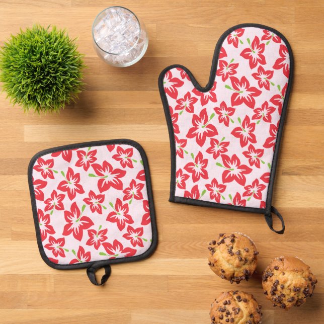 Red Hibiscus, Red Flowers, Pattern Of Flowers Oven Mitt & Pot Holder Set (Top Down)