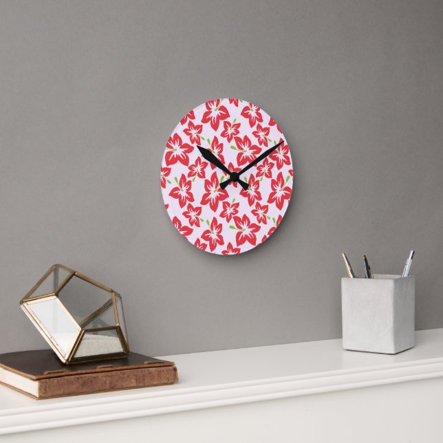 Red Hibiscus, Red Flowers, Pattern Of Flowers Round Clock (Office)