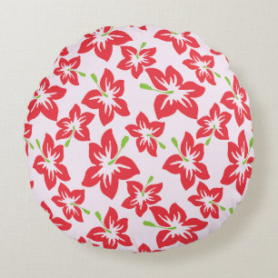 Red Hibiscus, Red Flowers, Pattern Of Flowers Round Pillow