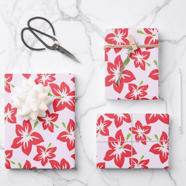 Red Hibiscus, Red Flowers, Pattern Of Flowers Wrapping Paper Sheet (Front)