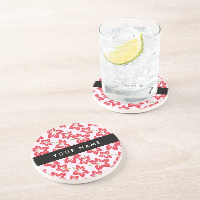 Red Hibiscus, Red Flowers, Your Name Coaster (Side)