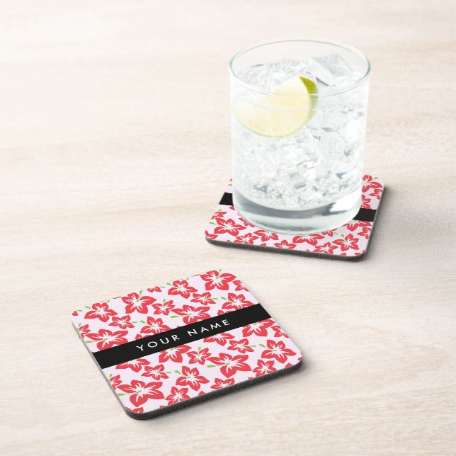 Red Hibiscus, Red Flowers, Your Name Coaster (Right Side)