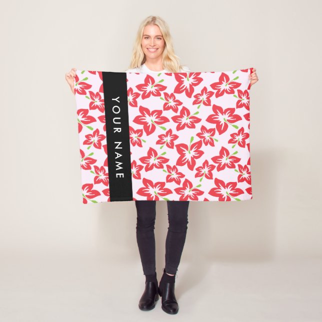 Red Hibiscus, Red Flowers, Your Name Fleece Blanket (In Situ)