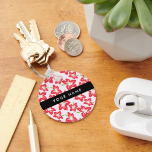 Red Hibiscus, Red Flowers, Your Name Keychain