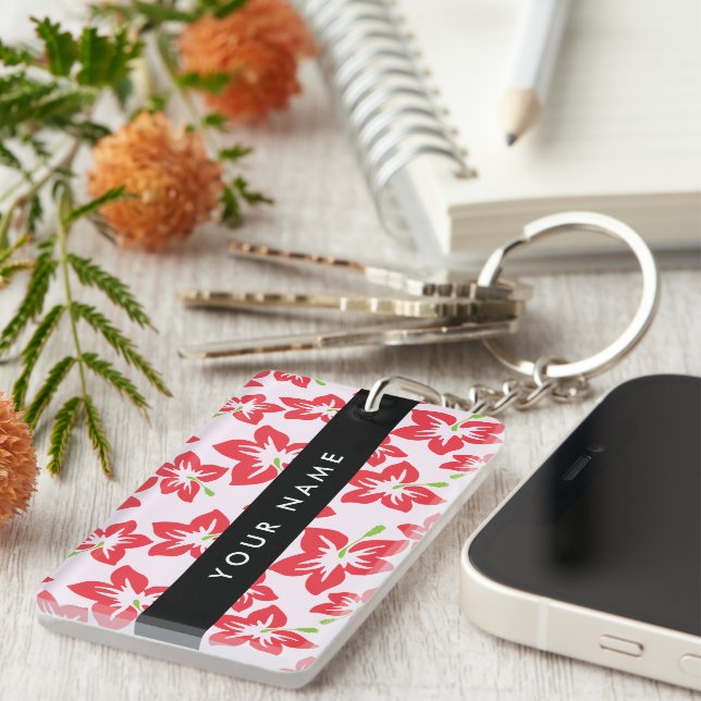 Red Hibiscus, Red Flowers, Your Name Keychain (Front Right)