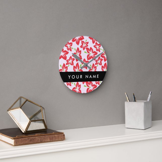 Red Hibiscus, Red Flowers, Your Name Round Clock (Office)