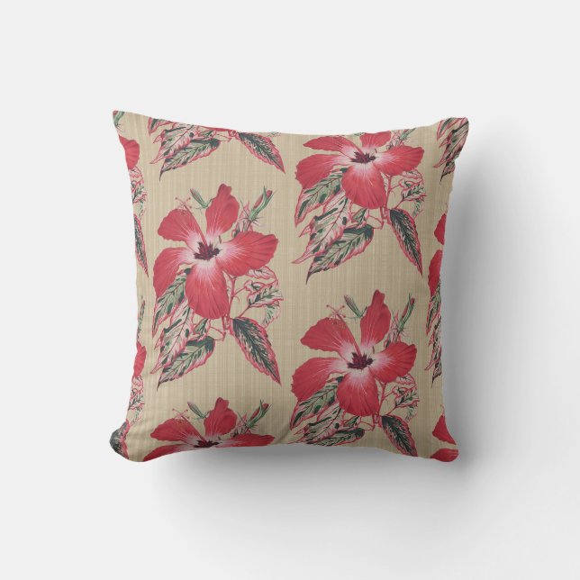 Red Hibiscus Splash on Taupe Throw Pillow 16x16 (Front)