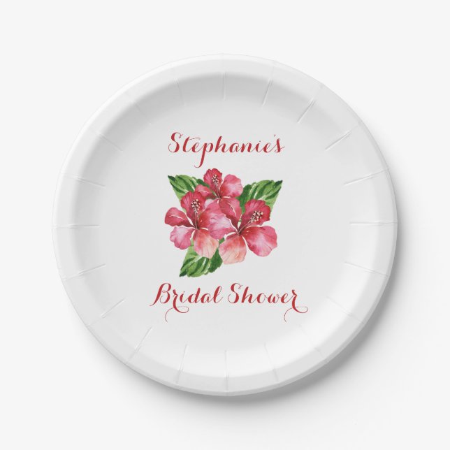 Red Hibiscus Tropical Bridal Shower Customized Paper Plate (Front)
