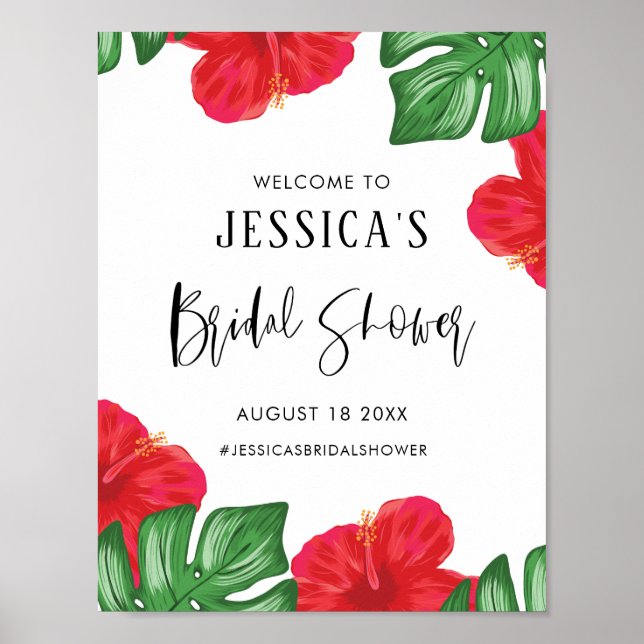 Red Hibiscus Tropical Bridal Shower Welcome Poster (Front)