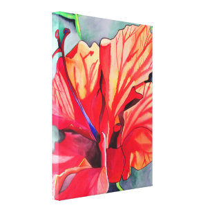 Red Hibiscus tropical flower watercolor art Canvas Print