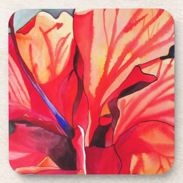 Red Hibiscus tropical flower watercolor art Coaster (Front)