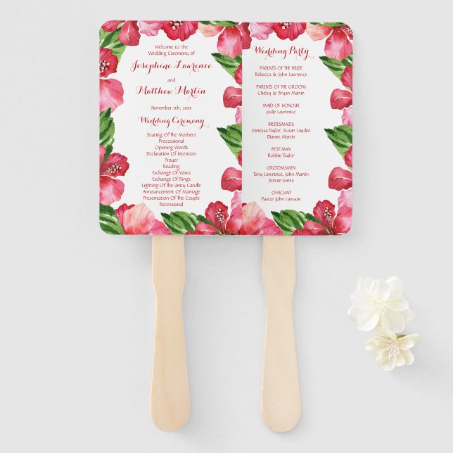 Red Hibiscus Tropical Wedding Ceremony Programs Hand Fan (Front and Back)
