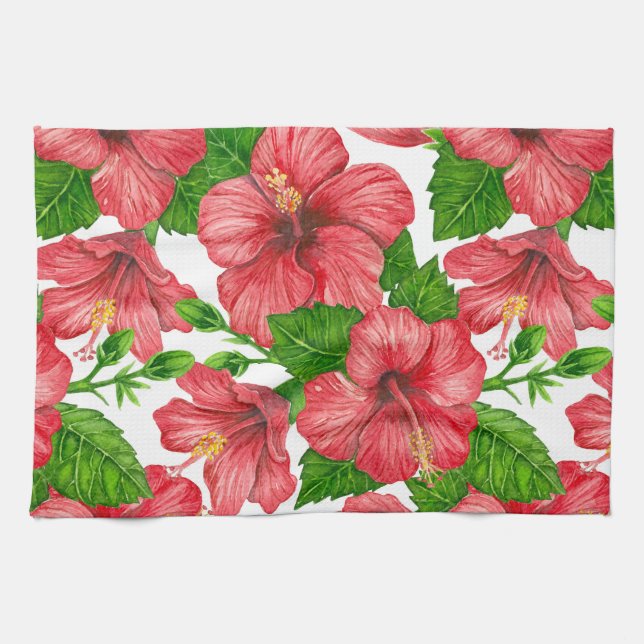 Red hibiscus watercolor pattern kitchen towel (Horizontal)