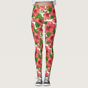 Red hibiscus watercolor pattern leggings