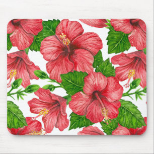 Red hibiscus watercolor pattern mouse pad