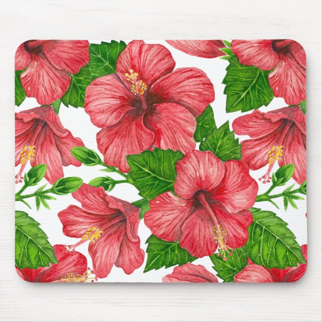 Red hibiscus watercolor pattern mouse pad (Front)