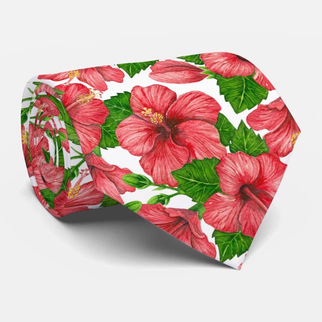 Red hibiscus watercolor pattern neck tie (Rolled)