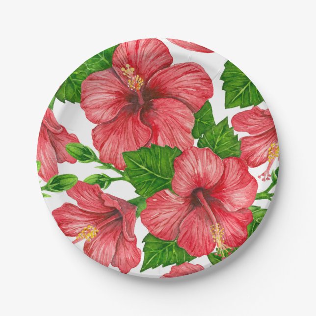 Red hibiscus watercolor pattern paper plate (Front)