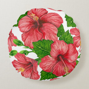 Red hibiscus watercolor pattern round pillow