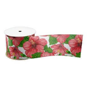Red hibiscus watercolor pattern satin ribbon