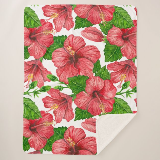 Red hibiscus watercolor pattern sherpa blanket (Front)