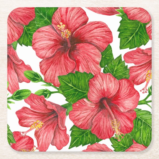 Red hibiscus watercolor pattern square paper coaster (Front)