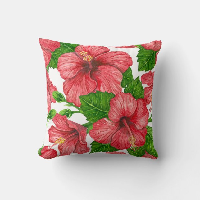 Red hibiscus watercolor pattern throw pillow (Front)
