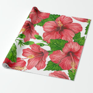 Red hibiscus watercolor pattern wrapping paper