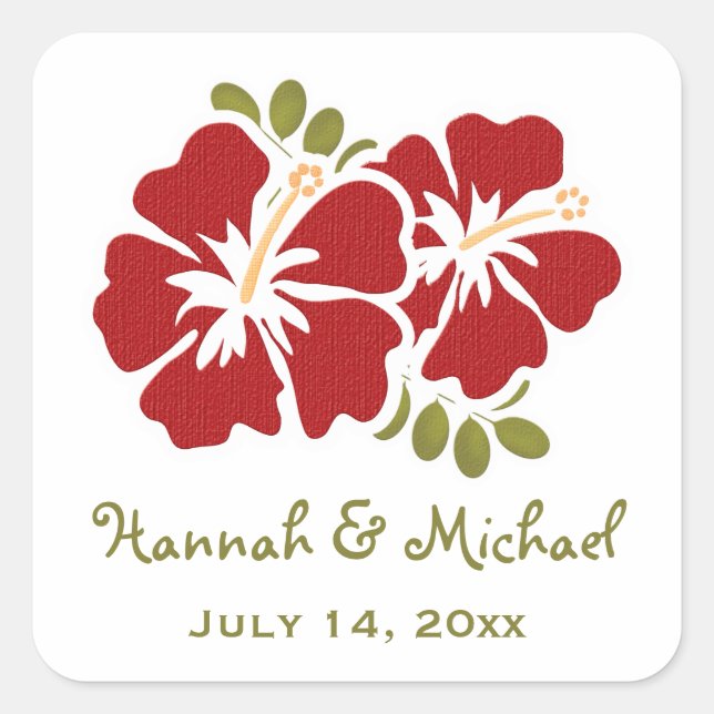 Red Hibiscus Wedding Favour Sticker Seal (Front)