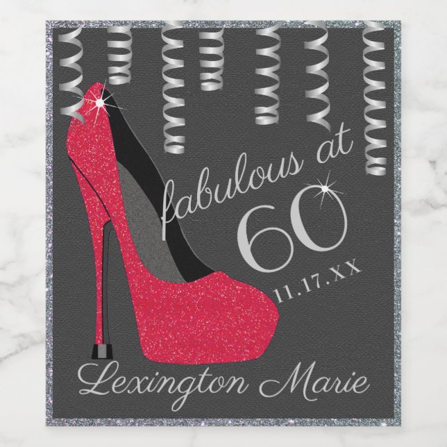 Red High Heel 60th Birthday Party Sparkling Wine o Wine Label (Single Label)