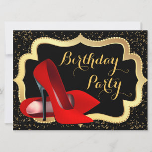 Red High Heel Black and Gold Birthday Party Invitation