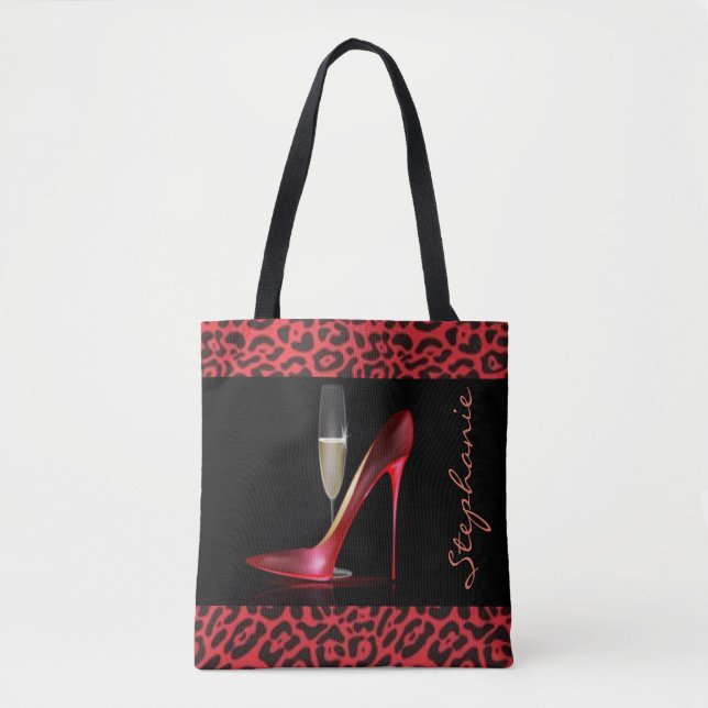 Red High Heel Champagne Leopard Design Tote Bag (Front)