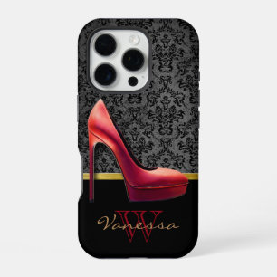 Red High Heel & Damask Print With Monogram iPhone 16 Pro Case