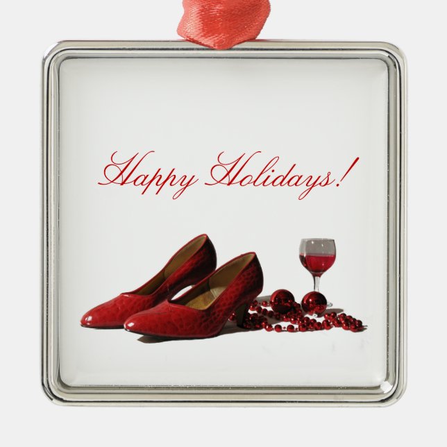 Red High Heel Shoes and Red Wine Metal Ornament (Front)