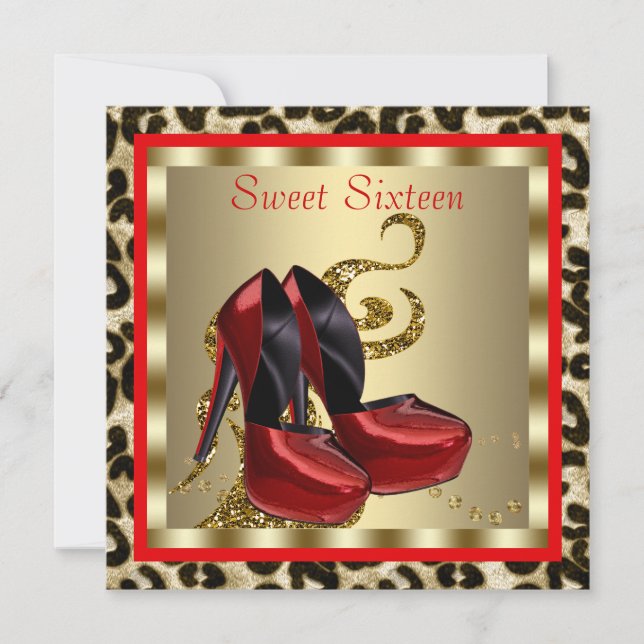 Red High Heel Shoes Leopard Sweet Sixteen Birthday Invitation (Front)