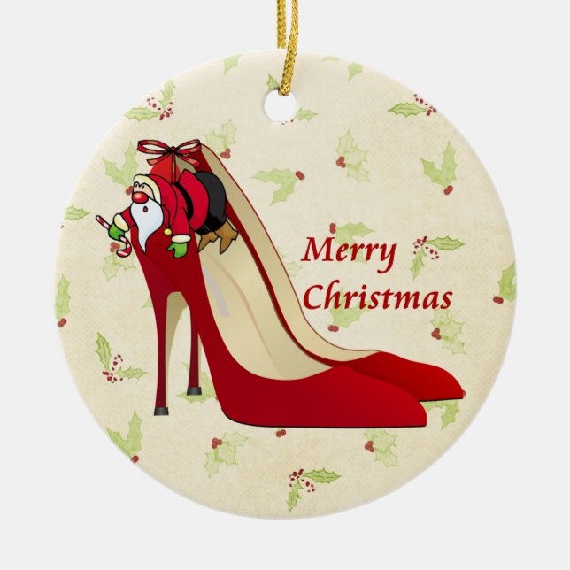 Red High Heel Shoes / Santa Elf Ceramic Ornament (Front)
