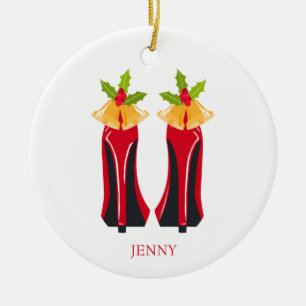 Red High Heels with Christmas Bells Ceramic Ornament