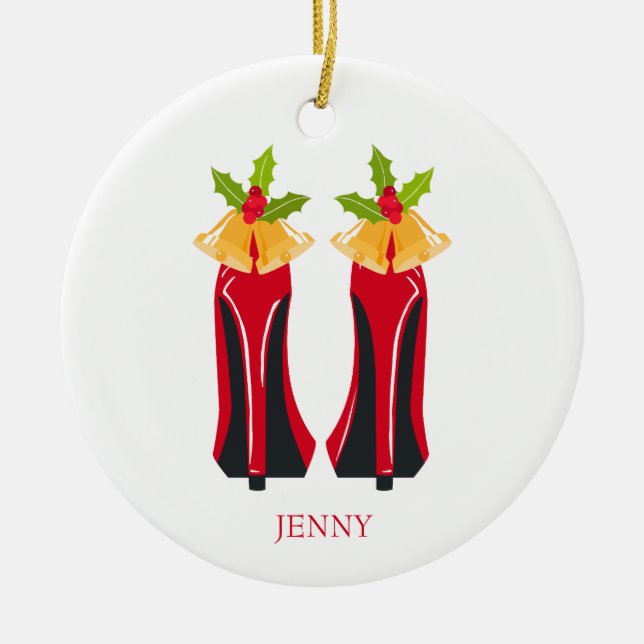 Red High Heels with Christmas Bells Ceramic Ornament (Front)