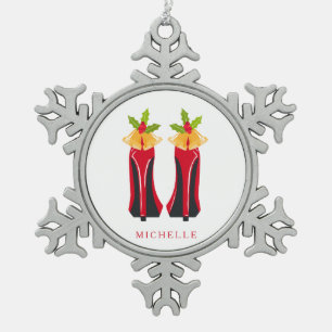 Red High Heels with Christmas Bells Snowflake Pewter Christmas Ornament