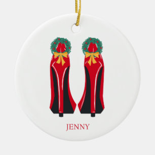 Red High Heels with Christmas Wreaths Ceramic Ornament