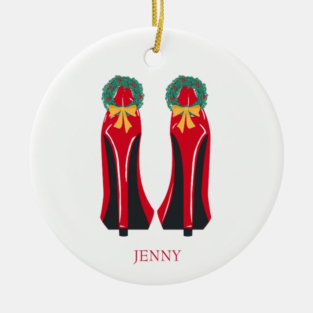 Red High Heels with Christmas Wreaths Ceramic Ornament (Front)