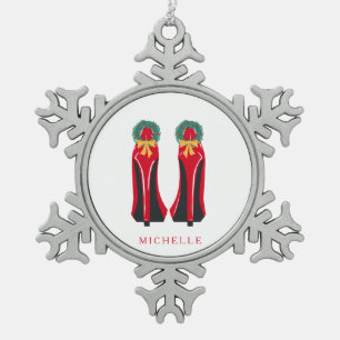 Red High Heels with Christmas Wreaths Snowflake Pewter Christmas Ornament